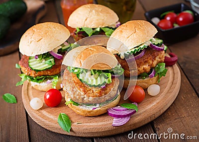 Spicy chicken burgers with tomato and eggplant - sandwich. Stock Photo