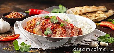 Spicy Chicken Pathia curry with basmati rice in a white plate. healthy food. Stock Photo