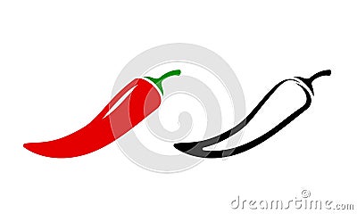 Spicy chili hot pepper icons. Vector Asian and Mexican spicy food and sauce, red and black outline chili peppers Vector Illustration