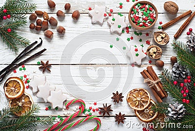 Spicy Christmas background. Baking ingredients. Stock Photo