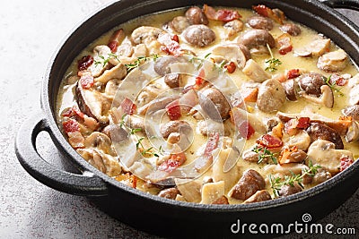 Spicy creamy mushroom and bacon gravy on dark stone background. Horizontal Stock Photo