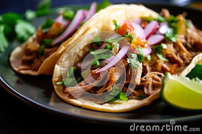 Spicy and flavorful pork carnitas tacos with chopped onions and fresh cilantro, served on a colorful plate Stock Photo