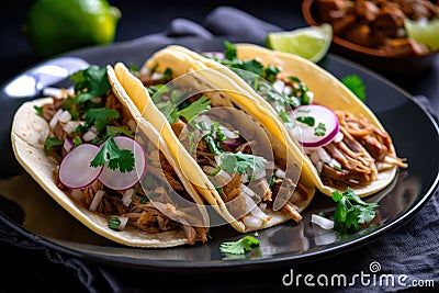 Spicy and flavorful pork carnitas tacos with chopped onions and fresh cilantro, served on a colorful plate Stock Photo