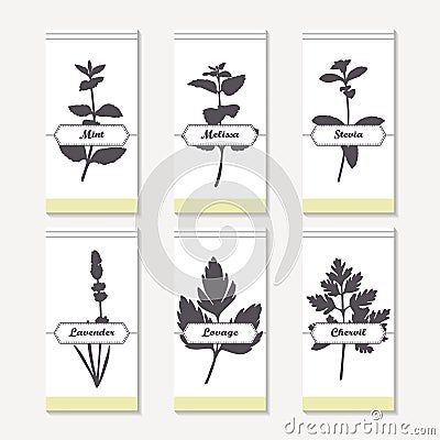 Spicy herbs silhouettes collection. Hand drawn mint, melissa, stevia, lavender, lovage, chervil Vector Illustration