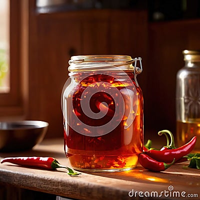 Spicy hot preserved chili oil in jar, homemade condiment Stock Photo