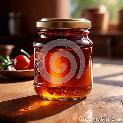 Spicy hot preserved chili oil in jar, homemade condiment Stock Photo