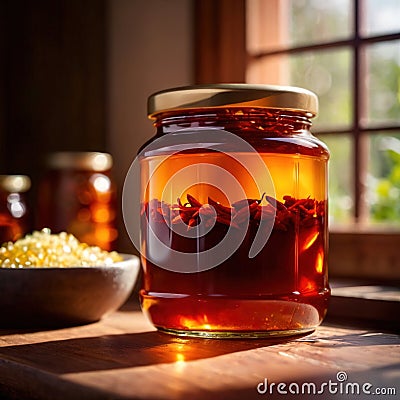 Spicy hot preserved chili oil in jar, homemade condiment Stock Photo
