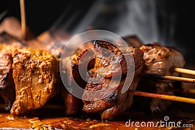 Spicy Kebab Meat on a Skewer with Charred Edges and Tasty Marinade Stock Photo