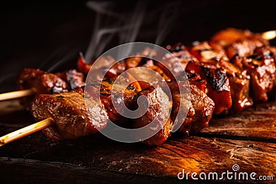 Spicy Kebab Meat on a Skewer with Charred Edges and Tasty Marinade Stock Photo