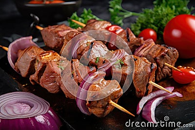 Spicy Kebab with Succulent Meat and Tasty Onions on a Skewer Stock Photo