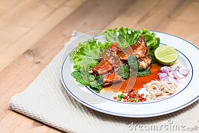 Spicy mackerels salad in tomato sauce, Stock Photo