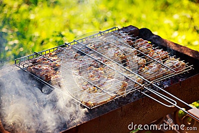 Spicy marinated chicken drumsticks cooking over the flames Stock Photo