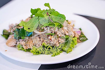 Spicy minced pork salad Isaan food Stock Photo