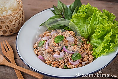 Spicy minced pork salad and sticky rice, Thai food Stock Photo