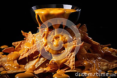 spicy nacho sauce dripping on tortilla chips Stock Photo