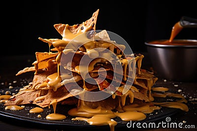 spicy nacho sauce dripping on tortilla chips Stock Photo