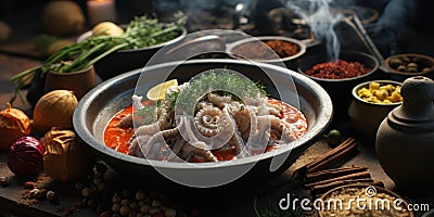 Spicy Octopus Stew in a Rustic Kitchen. Stock Photo