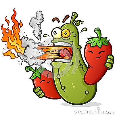 Spicy Pickle Cartoon with Hot Peppers Breathing Fire Vector Illustration