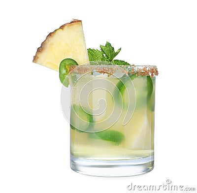 Spicy pineapple cocktail with jalapeno and mint isolated on white Stock Photo
