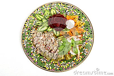 Spicy pork salad decorated by carving vegetable Stock Photo
