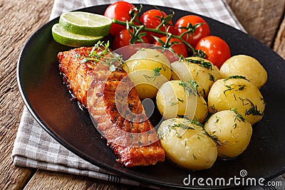 Spicy roasted salmon and boiled potatoes, fresh tomatoes close-up. horizontal Stock Photo