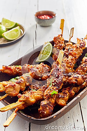 Spicy seasoned grilled or barbecued satay skewers Stock Photo