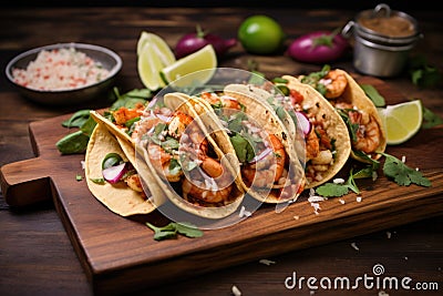 spicy shrimp tacos with lime slices on a rustic wooden tray Stock Photo