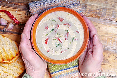 Spicy soup with sour cream, bread and spices on burned wooden table. Traditional rural dinner. Old woman hands holds clay bowl Stock Photo