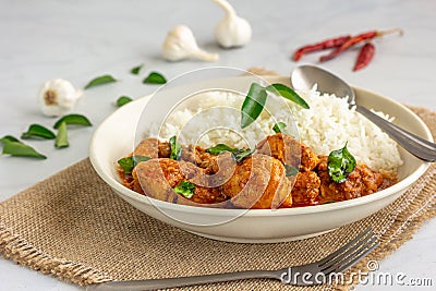 Spicy South Indian Chicken Curry and Rice Garnished with Curry Leaves, Garlic and Chili Peppers, Indian Food Photography Stock Photo