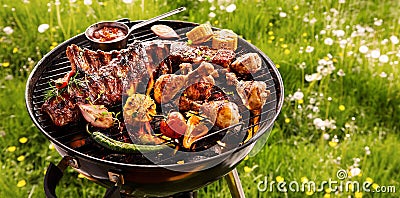 Spicy spare ribs and chicken grilling on a BBQ Stock Photo