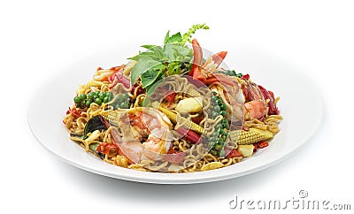 Spicy Stir Fried Instant Noodles Holy Basil With Shrimps Stock Photo