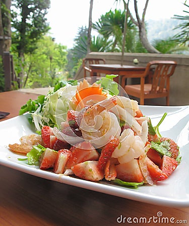 Spicy strawberry seafood salad, Thai food style Stock Photo