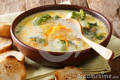 Spicy thick creamy broccoli cheese soup in a bowl with toast close-up. horizontal Stock Photo