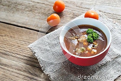 Spicy tomato soup with seafood Stock Photo