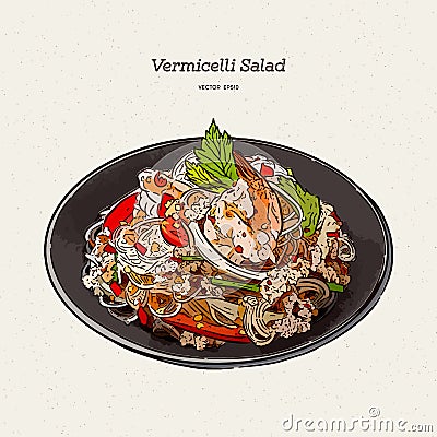 Spicy vermicelli salad, hand draw sketch vector Vector Illustration