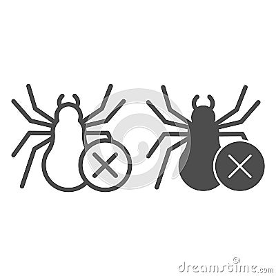 Spider and ban symbol line and solid icon, pest control concept, anti tarantula sign on white background, no spiders Vector Illustration