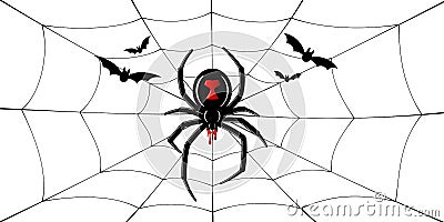 Spider Black Widow, cobweb, bats. Red black spider 3D, spiderweb, isolated white background. Scary Halloween decoration Vector Illustration