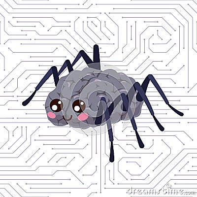 Spider brain. Mind organ with insect paws and smiling face. Hacker mascot and cyber net. Bug crawls on network cobweb Vector Illustration