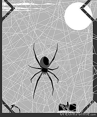 Spider on cobweb covering old window grills Vector Illustration