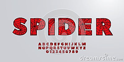 Spider font. Spiderman alphabet. Black letters on Red background. Vector Illustration