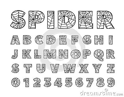 Spider font. Spiderman alphabet. Black letters on Red background. Vector Illustration