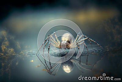 A spider perched on the surface of the water. Generative AI Stock Photo