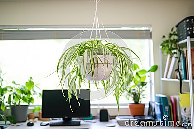 spider plant hanging above brightly lit workspace Stock Photo