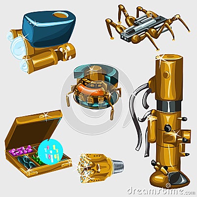 Spider robot and other objects of robotics Stock Photo