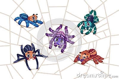 Spider on web. Cartoon tarantula characters sitting on net. Funny insects weaving cobweb. Arachnid mascots with smile faces. Group Vector Illustration