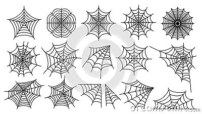 Spider web. Halloween cobweb silhouettes line sketch style, scary simple tangled net frame and corner for decoration. Vector Vector Illustration