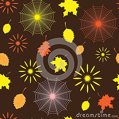 Spider web, leaves and sun in autumn forest, seamless autumn pattern Vector Illustration