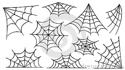 Spider web set. Halloween decoration with spiders. A creepy spider web in an abandoned place. Outline and line isolated Vector Illustration