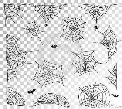 Spider web set on transparent background. Cobweb elements design Vector Illustration