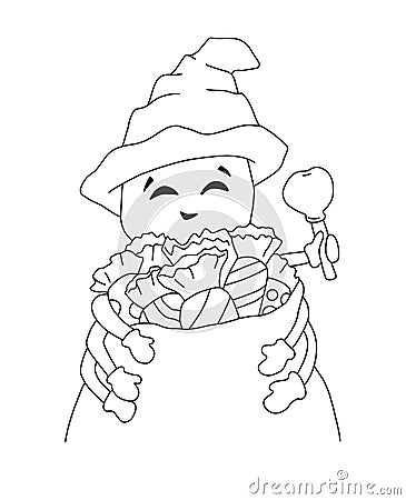 Outline of spider in a witch hat with a caramel apple in its paw hugs a bag full of sweets Cartoon Illustration